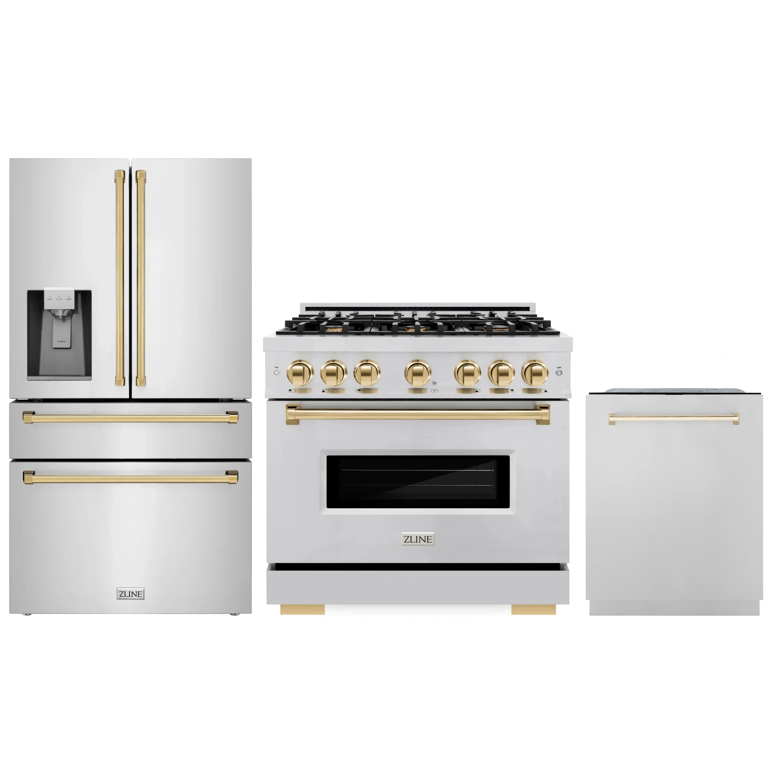ZLINE 3-piece appliance package with stainless range, refrigerator, and dishwasher