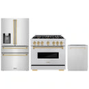 ZLINE 3-Piece Appliance Package - 36-Inch Dual Fuel Range, Refrigerator with Water Dispenser, and Dishwasher in Stainless Steel with Gold Accents