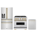 ZLINE 3-Piece Appliance Package - 36-Inch Dual Fuel Range, Refrigerator with Water Dispenser, and Dishwasher in Stainless Steel with Gold Accents