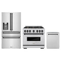 ZLINE 3-Piece Appliance Package - 36-Inch Dual Fuel Range, Refrigerator with Water Dispenser, and Dishwasher in Stainless Steel with Matte Black Accents