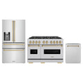 ZLINE 3-Piece Appliance Package - 48-Inch Dual Fuel Range, Refrigerator with Water Dispenser, and Dishwasher in Stainless Steel with Champagne Bronze Accents