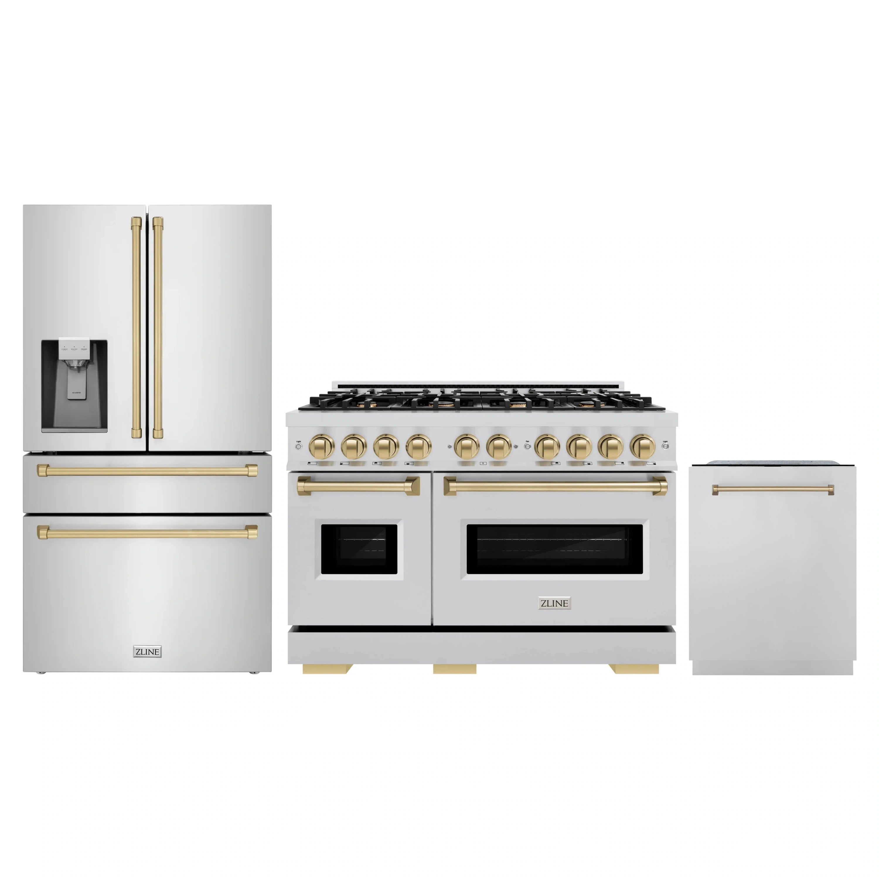 Stainless steel dual fuel range with two oven doors, plus refrigerator and dishwasher