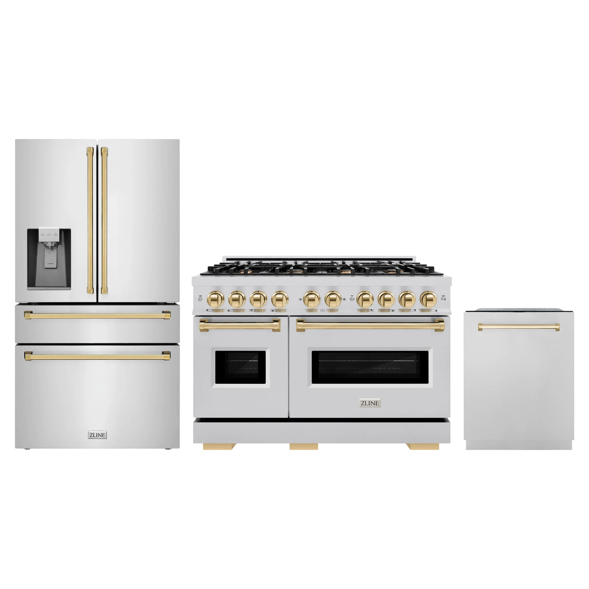 ZLINE 3-Piece Appliance Package - 48-Inch Dual Fuel Range, Refrigerator with Water Dispenser, and Dishwasher in Stainless Steel with Gold Accents