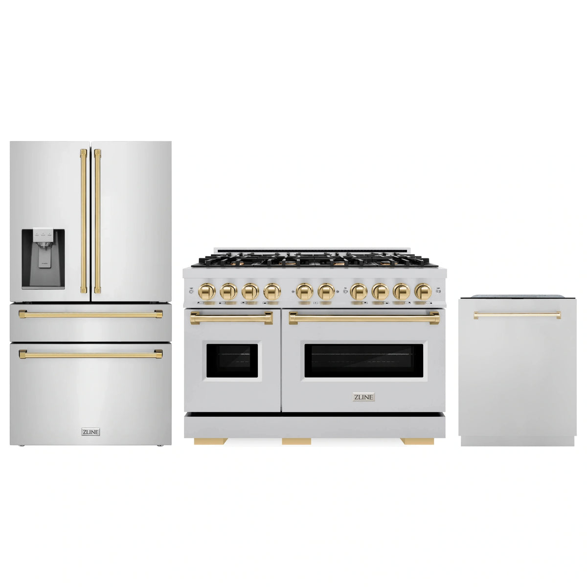 Stainless steel kitchen appliance package with dual-oven range, fridge, and dishwasher