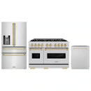 ZLINE 3-Piece Appliance Package - 48-Inch Dual Fuel Range, Refrigerator with Water Dispenser, and Dishwasher in Stainless Steel with Gold Accents