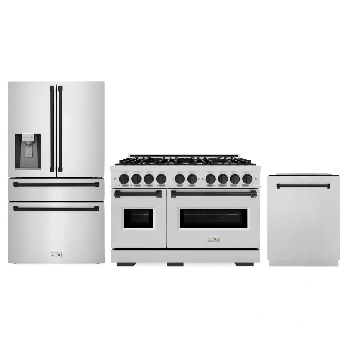 Stainless steel kitchen appliance package: refrigerator, dual fuel range, dishwasher