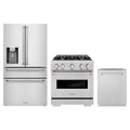 ZLINE 3-Piece Appliance Package - 30-Inch Gas Range, Refrigerator with Water Dispenser, and Dishwasher in Stainless Steel