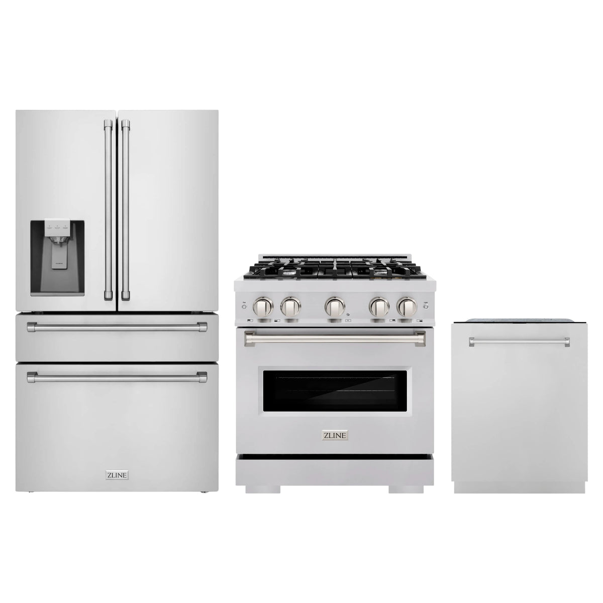 ZLINE 3-Piece Appliance Package - 30-Inch Gas Range, Refrigerator with Water Dispenser, and Dishwasher in Stainless Steel