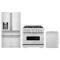 ZLINE 3-Piece Appliance Package - 36-Inch Gas Range, Refrigerator with Water Dispenser, and Dishwasher in Stainless Steel