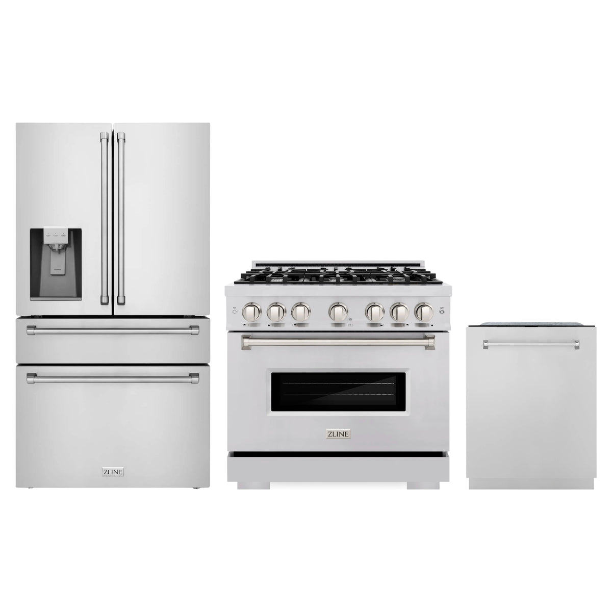 ZLINE 3-Piece Appliance Package - 36-Inch Gas Range, Refrigerator with Water Dispenser, and Dishwasher in Stainless Steel