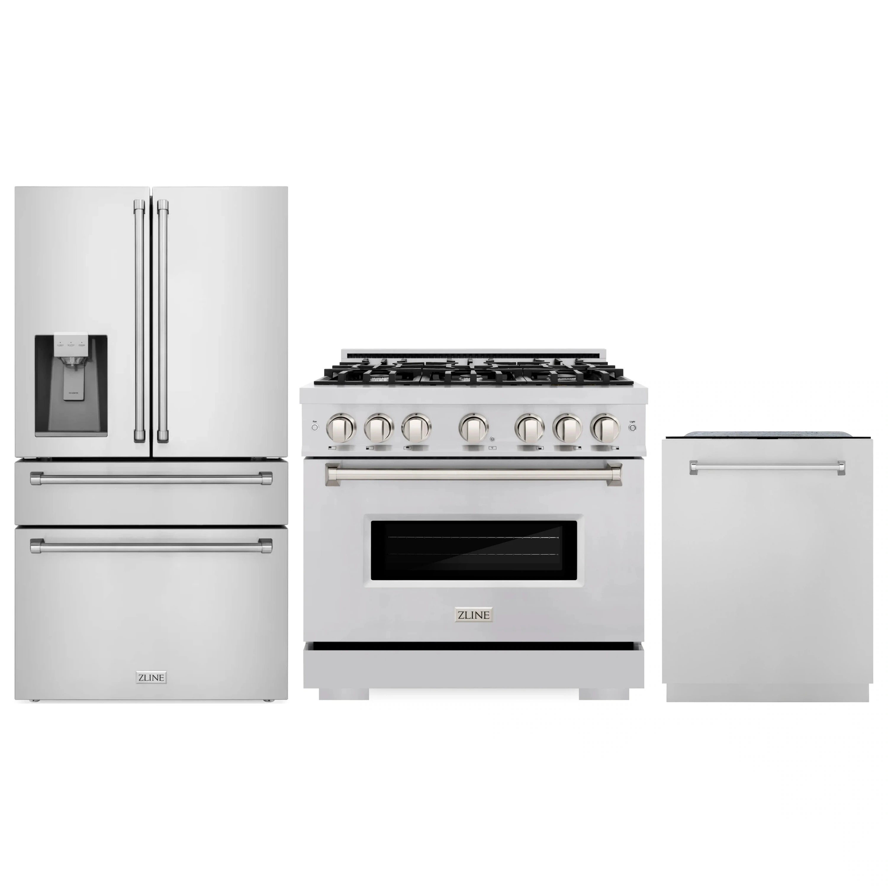 Stainless steel ZLINE set: refrigerator, gas range, and dishwasher