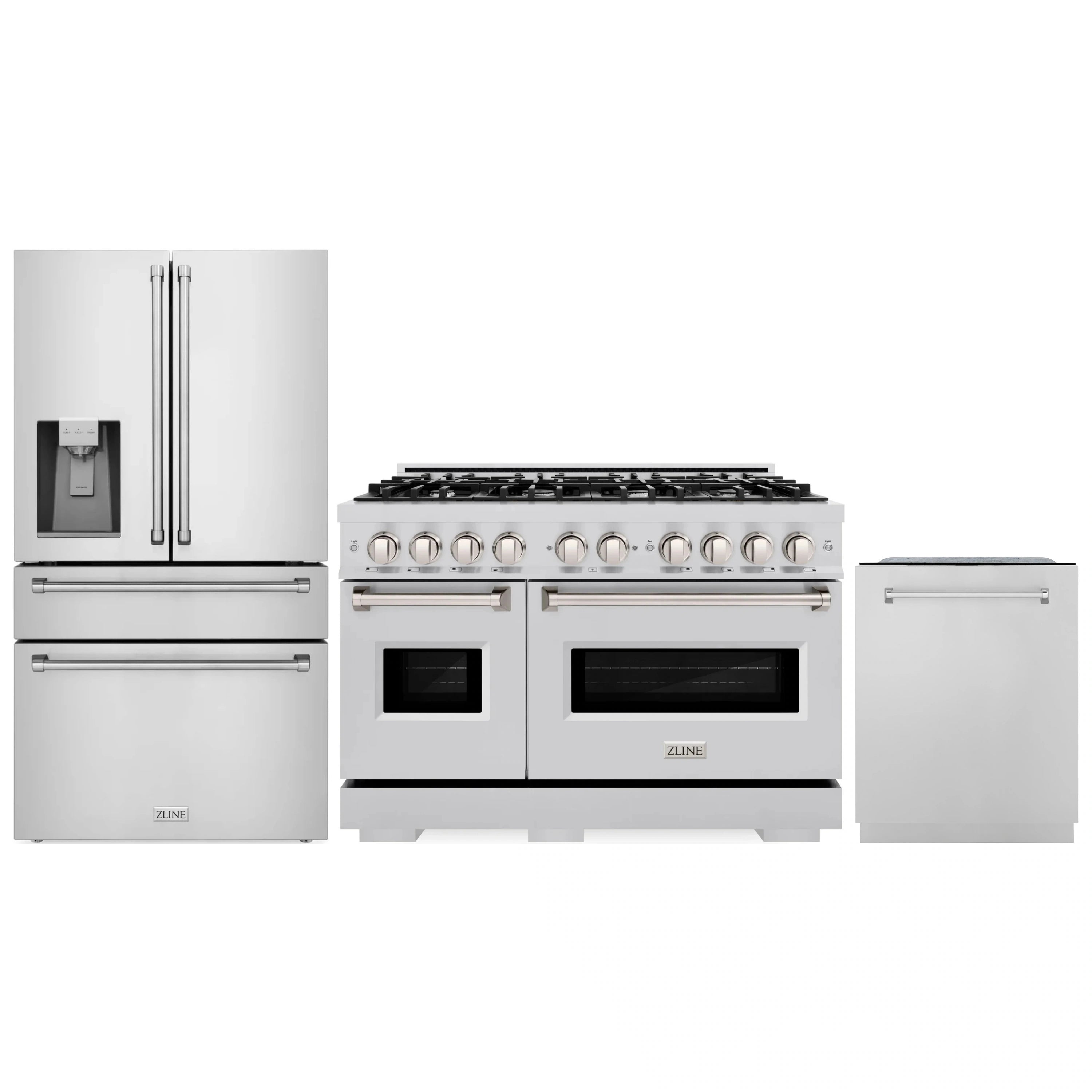 Stainless steel kitchen appliance set with refrigerator, gas range, and dishwasher