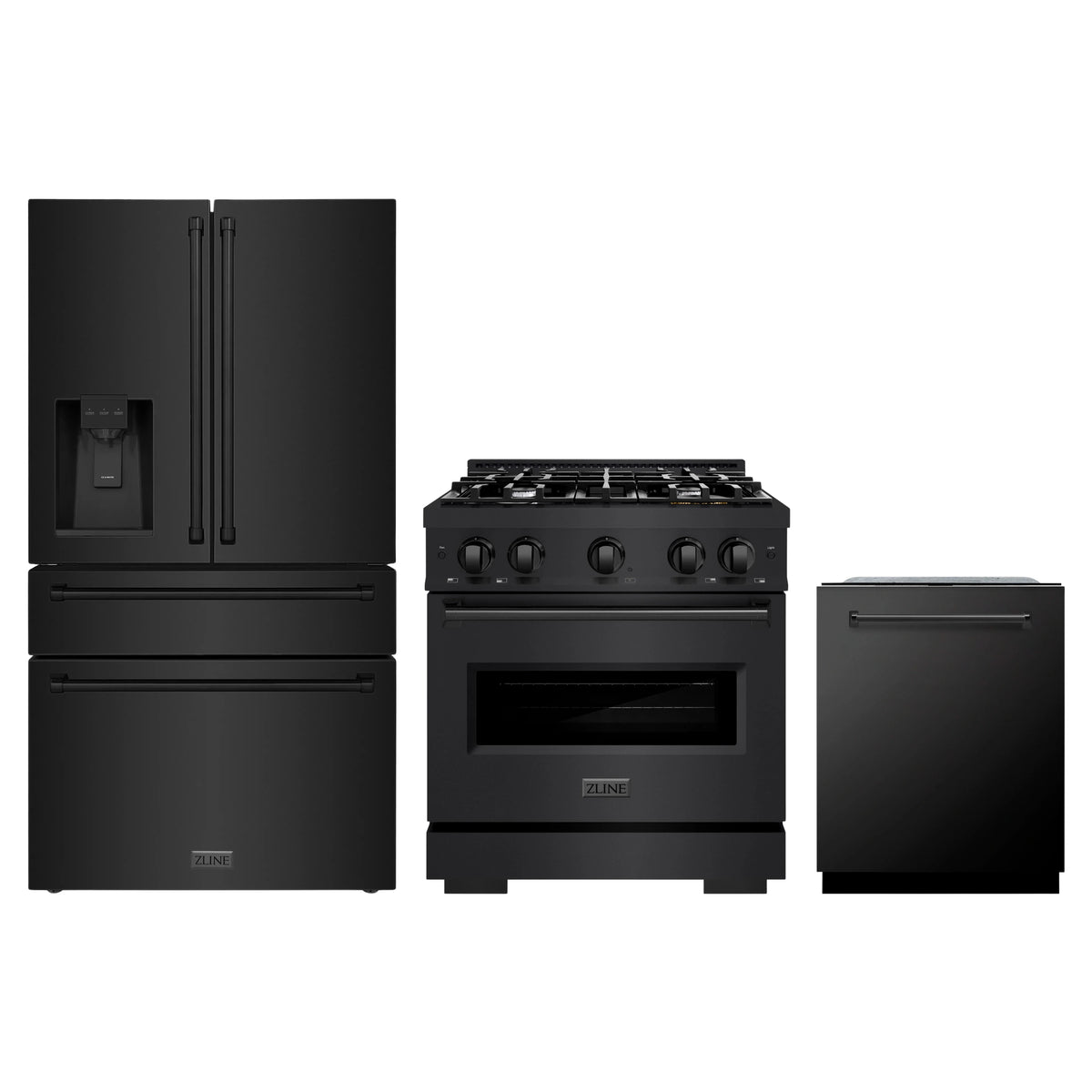 ZLINE 3-Piece Appliance Package - 30-Inch Gas Range, Refrigerator with Water Dispenser, and Dishwasher in Black Stainless Steel