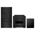 ZLINE 3-Piece Appliance Package - 36-Inch Gas Range, Refrigerator with Water Dispenser, and Dishwasher in Black Stainless Steel