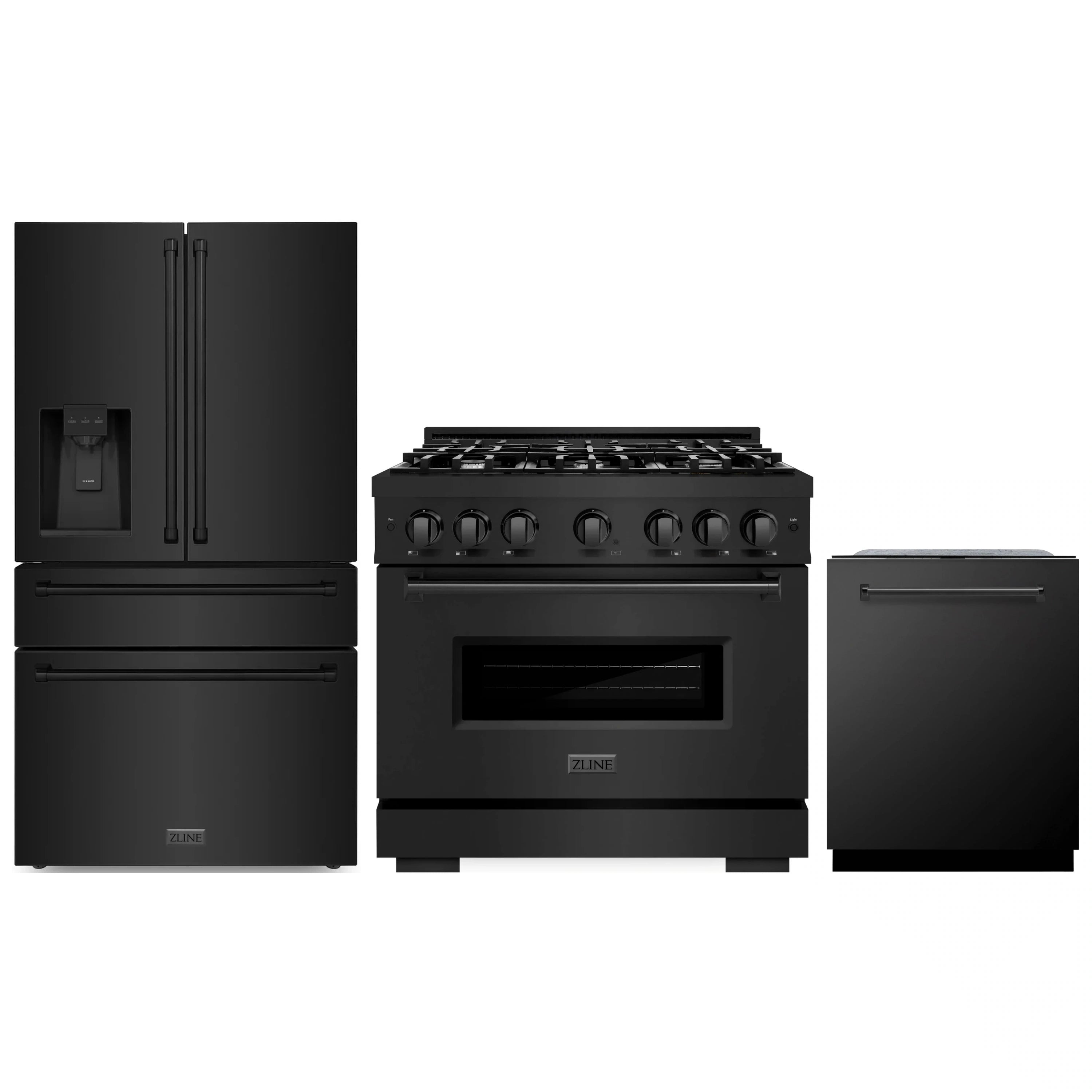 3-piece black stainless kitchen appliance set: gas range, refrigerator, and dishwasher