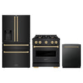 ZLINE 3-Piece Appliance Package - 30-Inch Gas Range, Refrigerator with Water Dispenser, and Dishwasher in Black Stainless Steel with Champagne Bronze Accents
