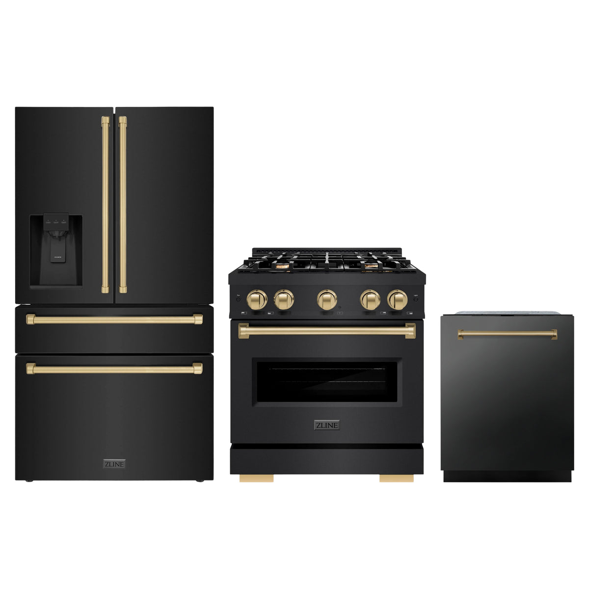 ZLINE 3-Piece Appliance Package - 30-Inch Gas Range, Refrigerator with Water Dispenser, and Dishwasher in Black Stainless Steel with Champagne Bronze Accents