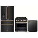 ZLINE 3-Piece Appliance Package - 30-Inch Gas Range, Refrigerator with Water Dispenser, and Dishwasher in Black Stainless Steel with Champagne Bronze Accents