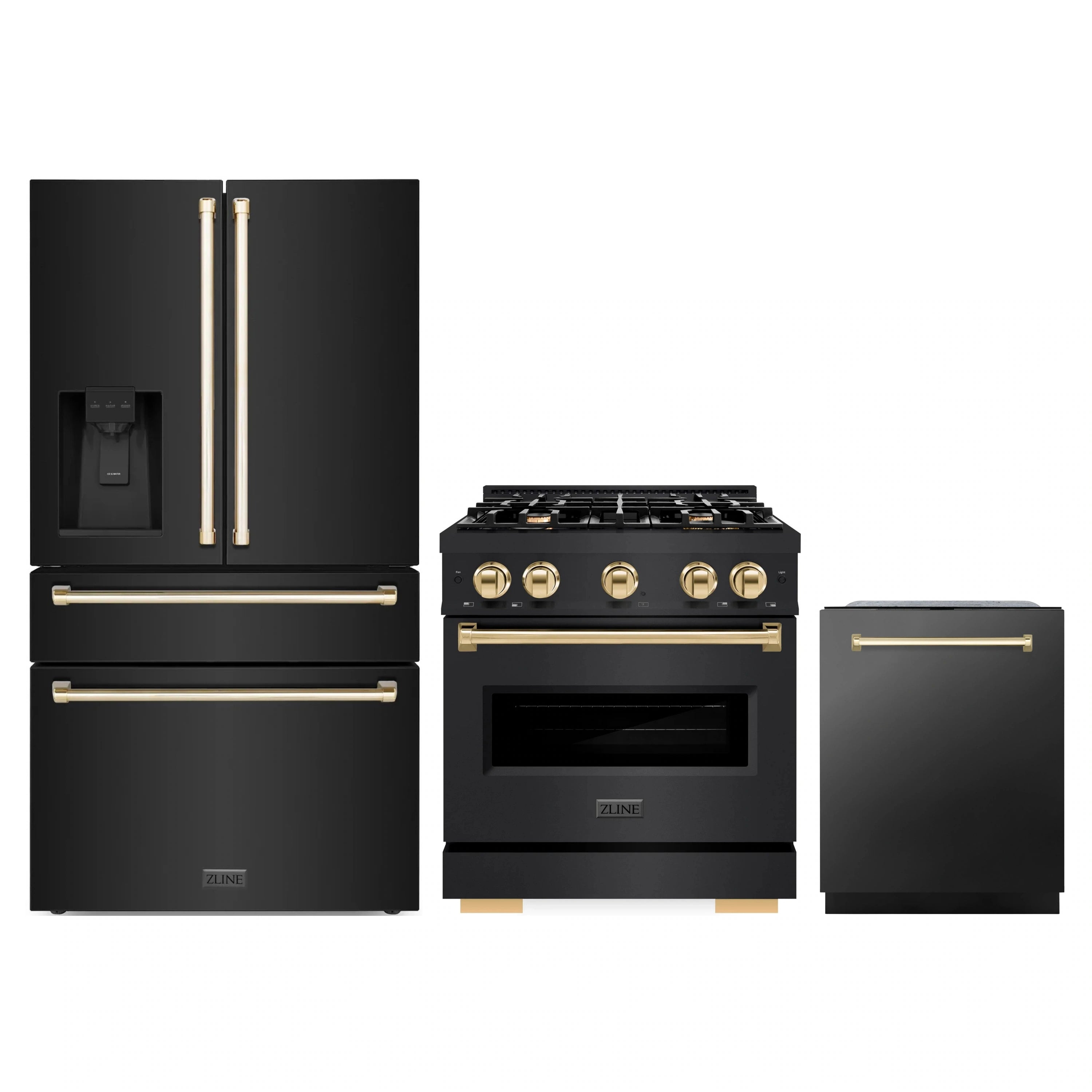 3-piece appliance package in black stainless steel with gold accents: range, fridge, dishwasher