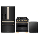 ZLINE 3-Piece Appliance Package - 30-Inch Gas Range, Refrigerator with Water Dispenser, and Dishwasher in Black Stainless Steel with Gold Accents