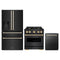 ZLINE 3-Piece Appliance Package - 30-Inch Gas Range, Refrigerator with Water Dispenser, and Dishwasher in Black Stainless Steel with Gold Accents