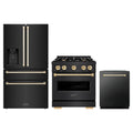 ZLINE 3-Piece Appliance Package - 30-Inch Gas Range, Refrigerator with Water Dispenser, and Dishwasher in Black Stainless Steel with Gold Accents
