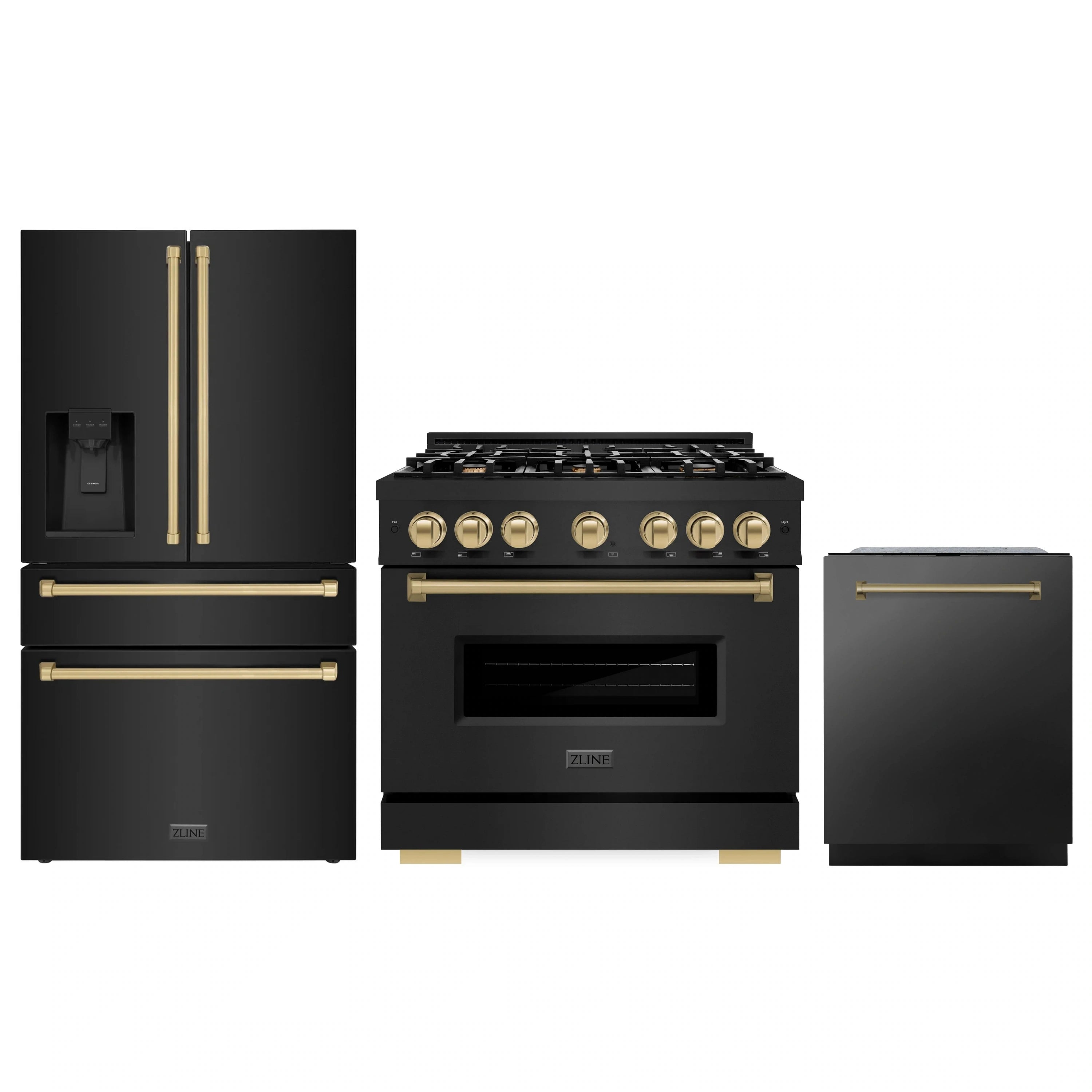 3-piece appliance set: black stainless gas range, refrigerator, dishwasher with bronze accents