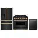 ZLINE 3-Piece Appliance Package - 36-Inch Gas Range, Refrigerator with Water Dispenser, and Dishwasher in Black Stainless Steel with Champagne Bronze Accents