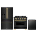 ZLINE 3-Piece Appliance Package - 36-Inch Gas Range, Refrigerator with Water Dispenser, and Dishwasher in Black Stainless Steel with Champagne Bronze Accents
