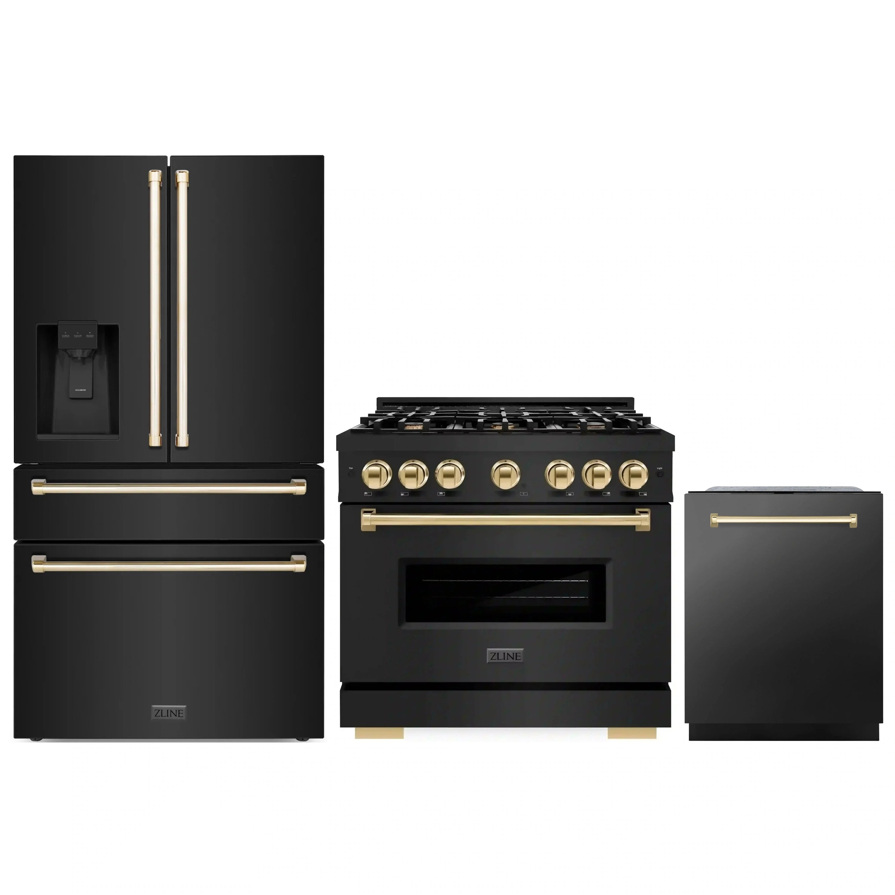 Black stainless appliance set: fridge with dispenser, gas range, dishwasher, gold accents