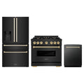 ZLINE 3-Piece Appliance Package - 36-Inch Gas Range, Refrigerator with Water Dispenser, and Dishwasher in Black Stainless Steel with Gold Accents