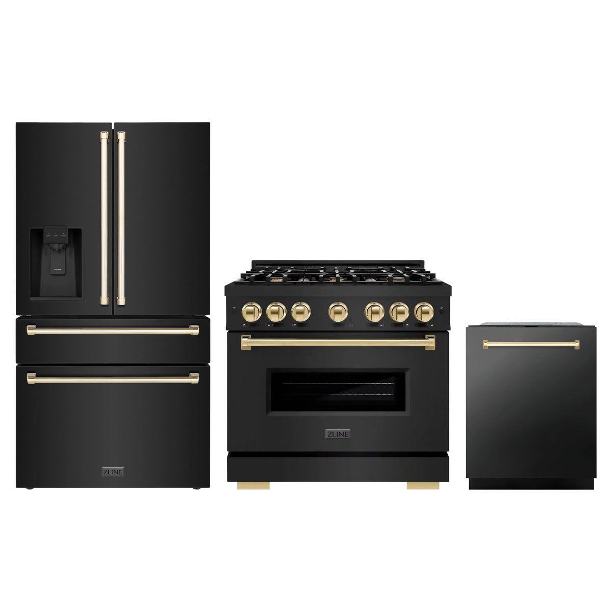 ZLINE 3-Piece Appliance Package - 36-Inch Gas Range, Refrigerator with Water Dispenser, and Dishwasher in Black Stainless Steel with Gold Accents