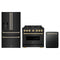 ZLINE 3-Piece Appliance Package - 36-Inch Gas Range, Refrigerator with Water Dispenser, and Dishwasher in Black Stainless Steel with Gold Accents