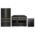 ZLINE 3-Piece Appliance Package - 48-Inch Gas Range, Refrigerator with Water Dispenser, and Dishwasher in Black Stainless Steel with Champagne Bronze Accents