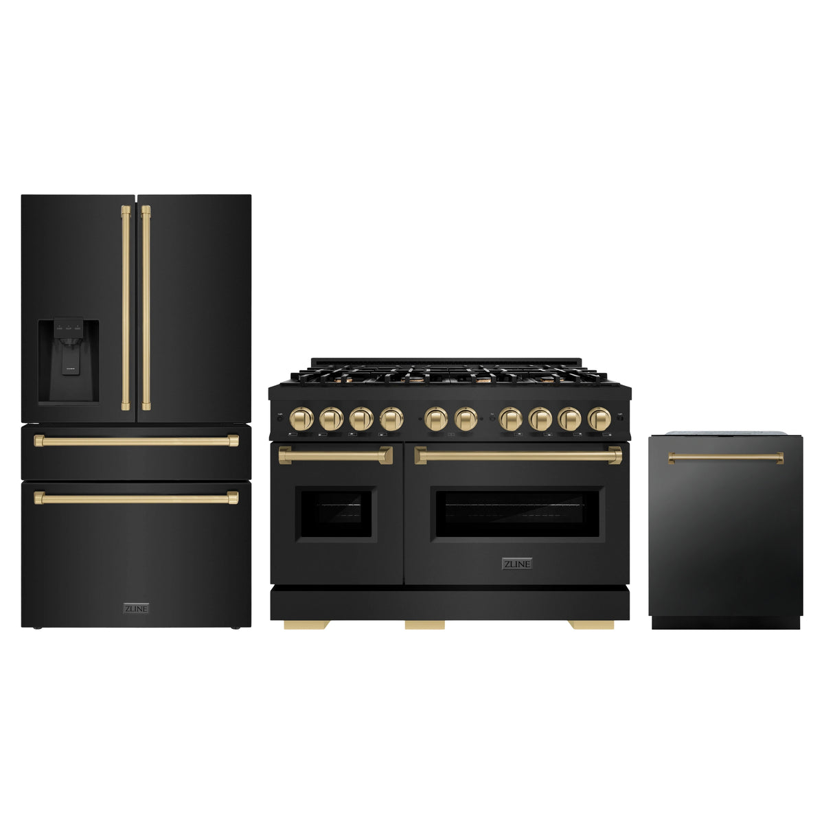 ZLINE 3-Piece Appliance Package - 48-Inch Gas Range, Refrigerator with Water Dispenser, and Dishwasher in Black Stainless Steel with Champagne Bronze Accents