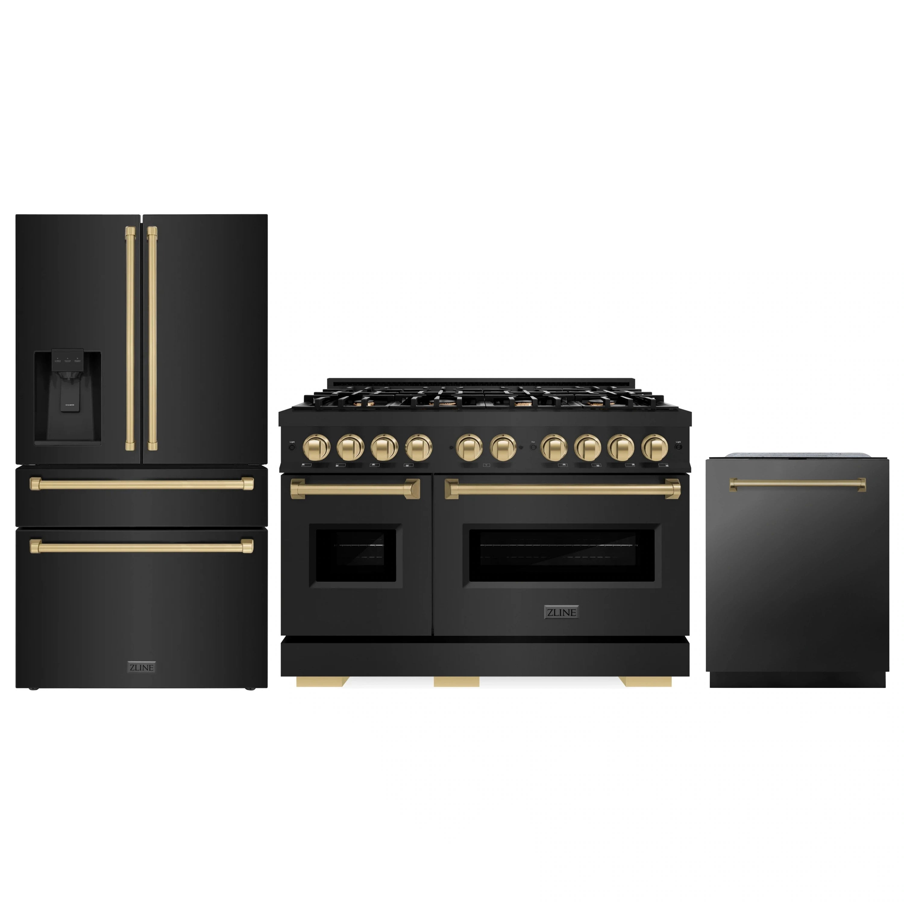 Black stainless appliance package with gold-accent range, refrigerator, and dishwasher