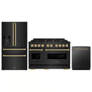 ZLINE 3-Piece Appliance Package - 48-Inch Gas Range, Refrigerator with Water Dispenser, and Dishwasher in Black Stainless Steel with Champagne Bronze Accents