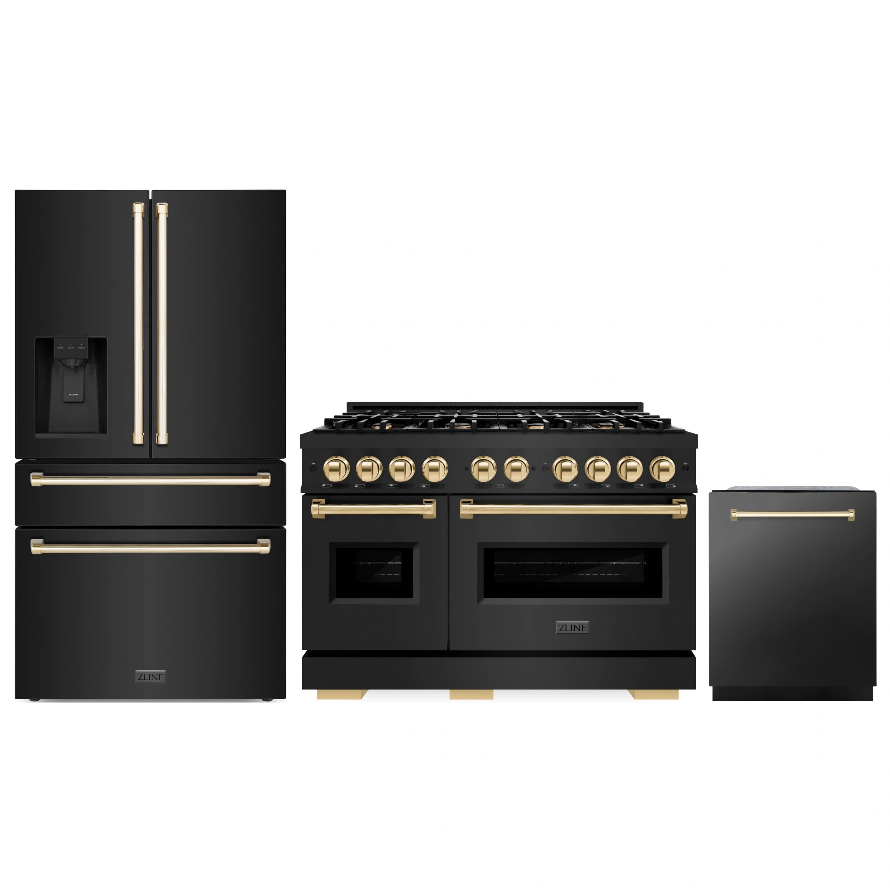Black stainless 3-piece appliance set with gold accents: range, fridge, dishwasher