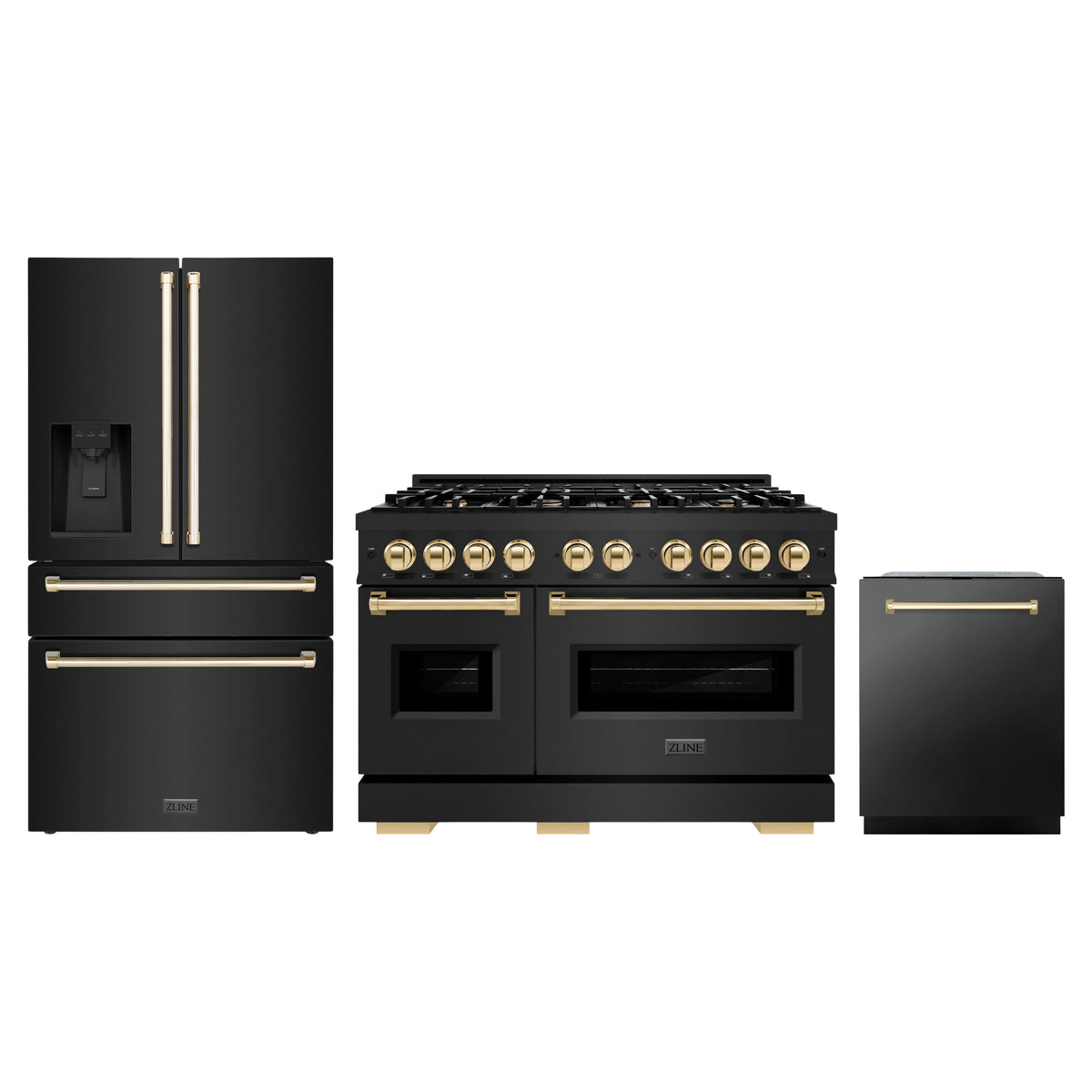 ZLINE 3-Piece Appliance Package - 48-Inch Gas Range, Refrigerator with Water Dispenser, and Dishwasher in Black Stainless Steel with Gold Accents