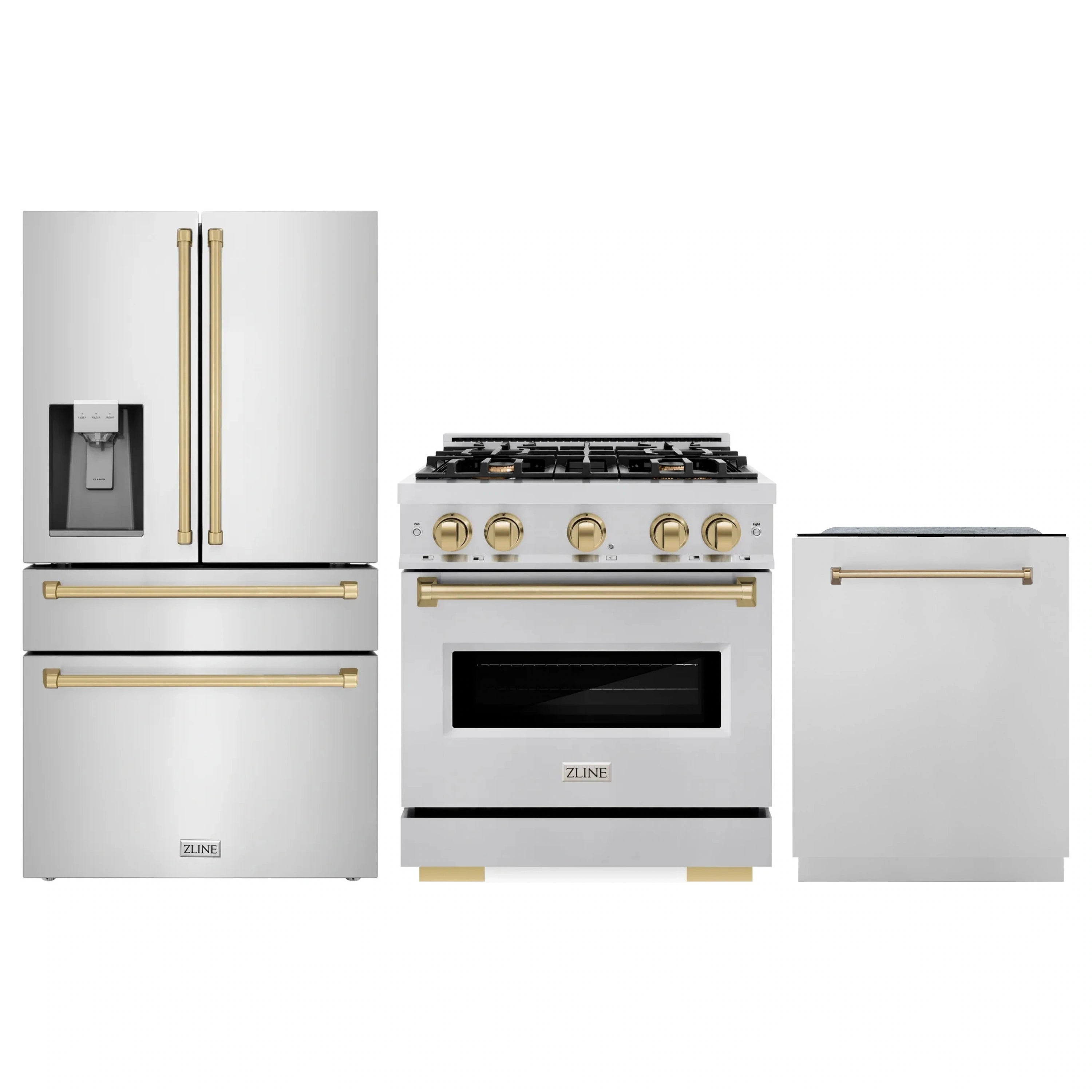 Stainless steel kitchen appliance package: gas range, refrigerator, dishwasher