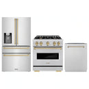 ZLINE 3-Piece Appliance Package - 30-Inch Gas Range, Refrigerator with Water Dispenser, and Dishwasher in Stainless Steel with Champagne Bronze Accents