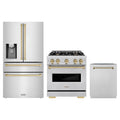 ZLINE 3-Piece Appliance Package - 30-Inch Gas Range, Refrigerator with Water Dispenser, and Dishwasher in Stainless Steel with Champagne Bronze Accents