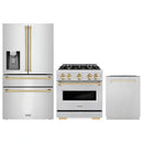 ZLINE 3-Piece Appliance Package - 30-Inch Gas Range, Refrigerator with Water Dispenser, and Dishwasher in Stainless Steel with Gold Accents