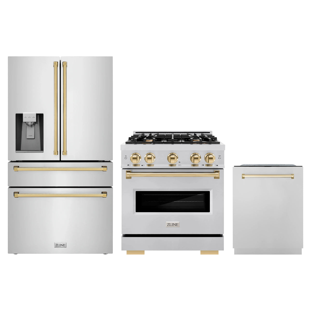 ZLINE 3-Piece Appliance Package - 30-Inch Gas Range, Refrigerator with Water Dispenser, and Dishwasher in Stainless Steel with Gold Accents