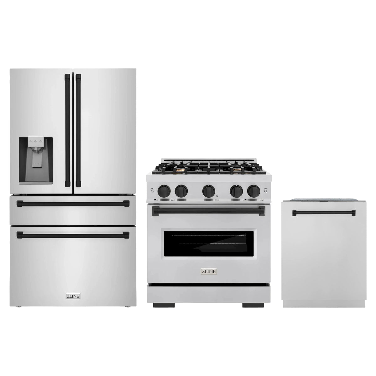 ZLINE 3-Piece Appliance Package - 30-Inch Gas Range, Refrigerator with Water Dispenser, and Dishwasher in Stainless Steel with Matte Black Accents