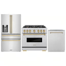 ZLINE 3-Piece Appliance Package - 36-Inch Gas Range, Refrigerator with Water Dispenser, and Dishwasher in Stainless Steel with Champagne Bronze Accents