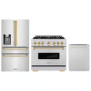 ZLINE 3-Piece Appliance Package - 36-Inch Gas Range, Refrigerator with Water Dispenser, and Dishwasher in Stainless Steel with Gold Accents