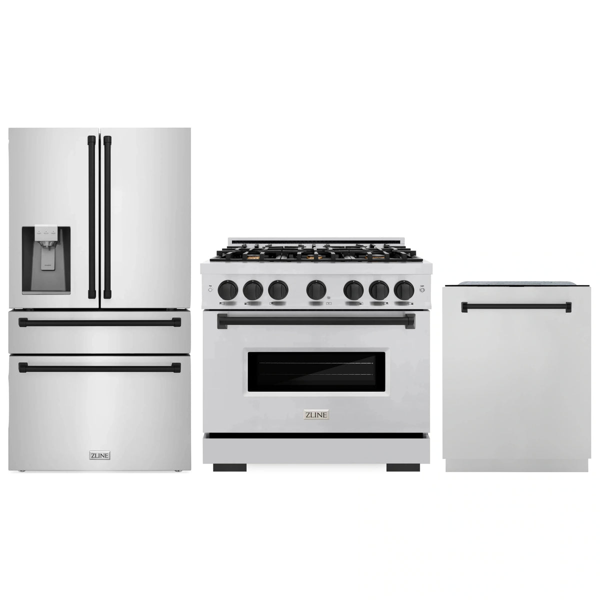 Stainless steel 3-piece appliance set with matte black accents: fridge, range, dishwasher