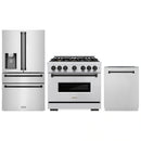 ZLINE 3-Piece Appliance Package - 36-Inch Gas Range, Refrigerator with Water Dispenser, and Dishwasher in Stainless Steel with Matte Black Accents