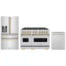 ZLINE 3-Piece Appliance Package - 48-Inch Gas Range, Refrigerator with Water Dispenser, and Dishwasher in Stainless Steel with Champagne Bronze Accents